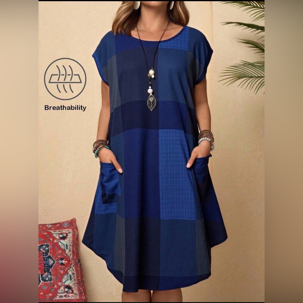 SHEIN Navy & Blue Plaid Cap Sleeve Tunic Dress